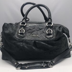 Coach Women’s Signature Logo ~ Large ~Black On Black  Satchel Handbag W/ Strap